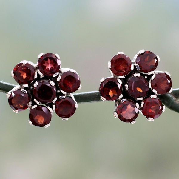 Alternate image for Artisan Crafted Floral Button Earrings with Garnet Romantic Blossom