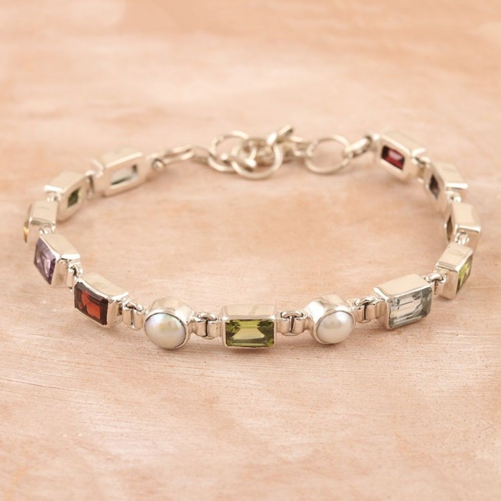 11-Carat Faceted Multi-Gemstone Link Bracelet with Pearls 'United Pearly Gems'