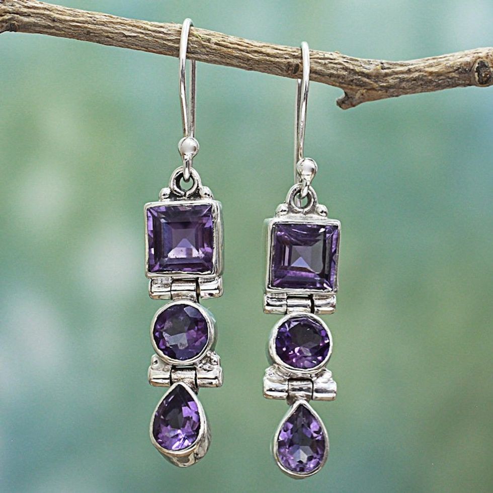 Three Stone Faceted Amethyst Sterling SIlver Dangle Earrings 'Lavender Glamour'