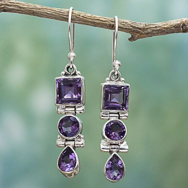 Alternate image for Three Stone Faceted Amethyst Sterling SIlver Dangle Earrings Lavender Glamour