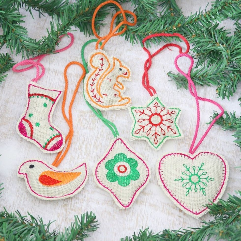 Folk Art Style Jute Christmas Ornaments Set of 6 'Holidays at Home'