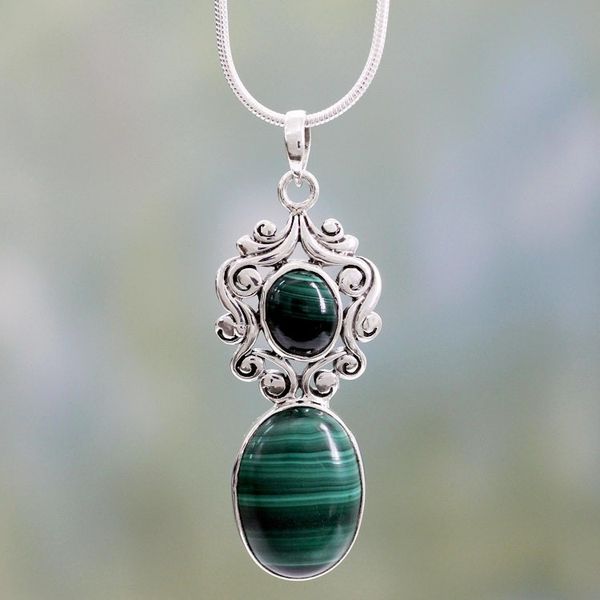 Alternate image for Artisan Crafted Malachite and Sterling Silver Necklace   Queen of the Forest