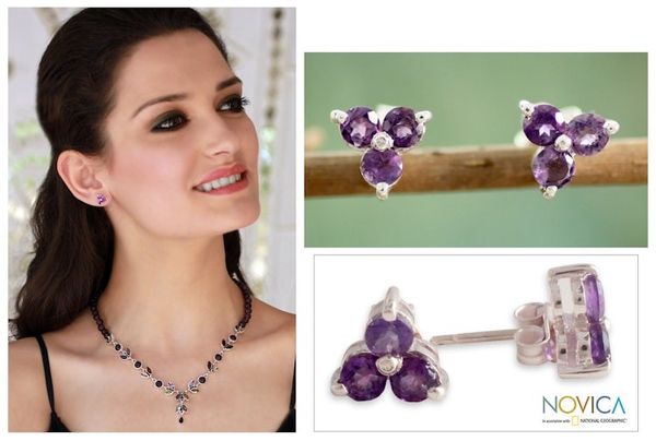 Alternate image for Amethyst Stud Earrings Artisan Crafted Jewelry Charming Trio