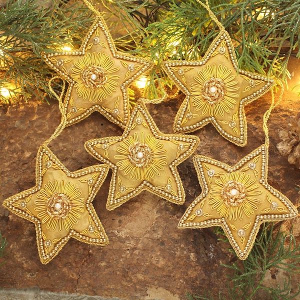 Alternate image for Golden Star Shaped Beaded Ornaments Set of 5 Dazzling Stars