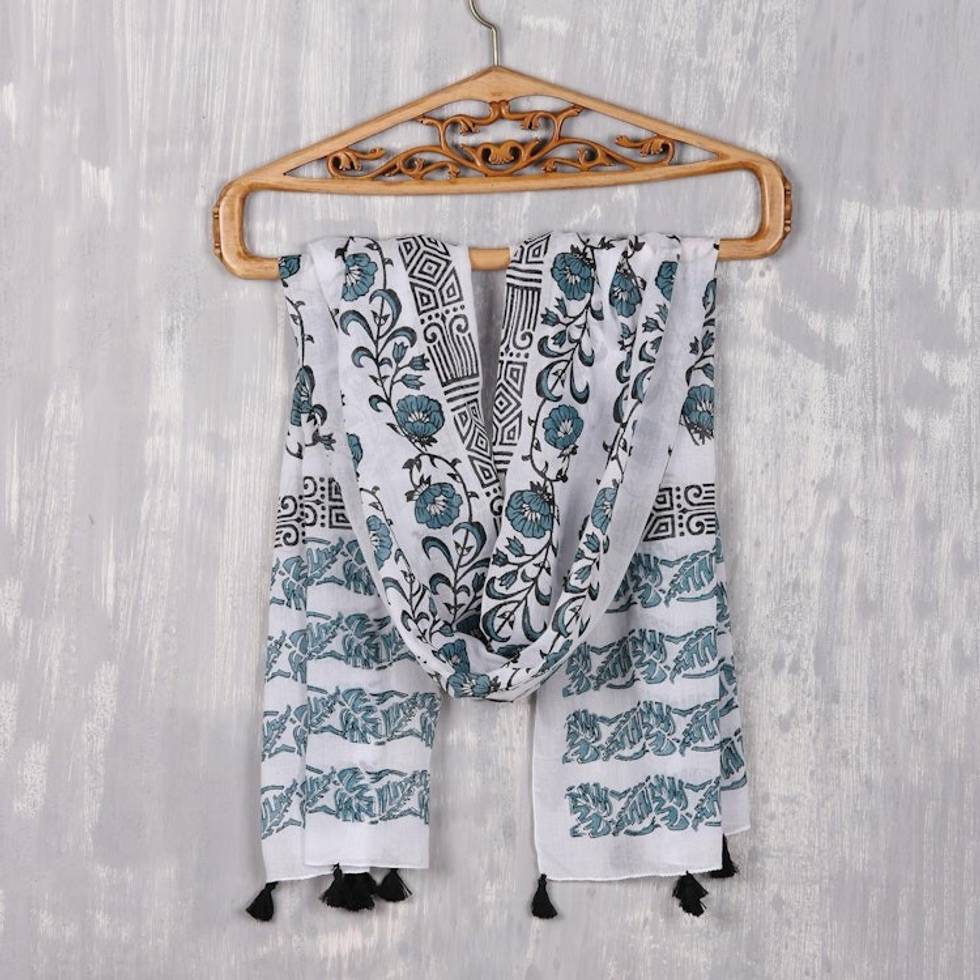 Floral Block-Printed Cotton Wrap Scarf from India 'Bouquet Bliss'