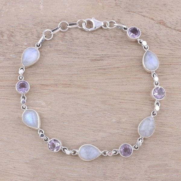 Alternate image for Handmade Amethyst Rainbow Moonstone Link Bracelet from India Misty Lilac
