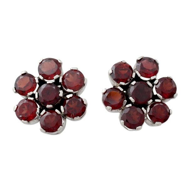 Alternate image for Artisan Crafted Floral Button Earrings with Garnet Romantic Blossom