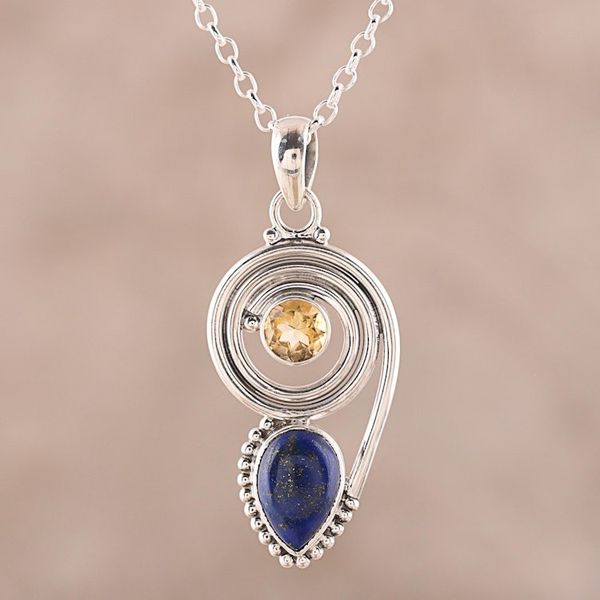 Alternate image for Lapis Lazuli and Citrine Pendant Necklace from India Wondrous Coil