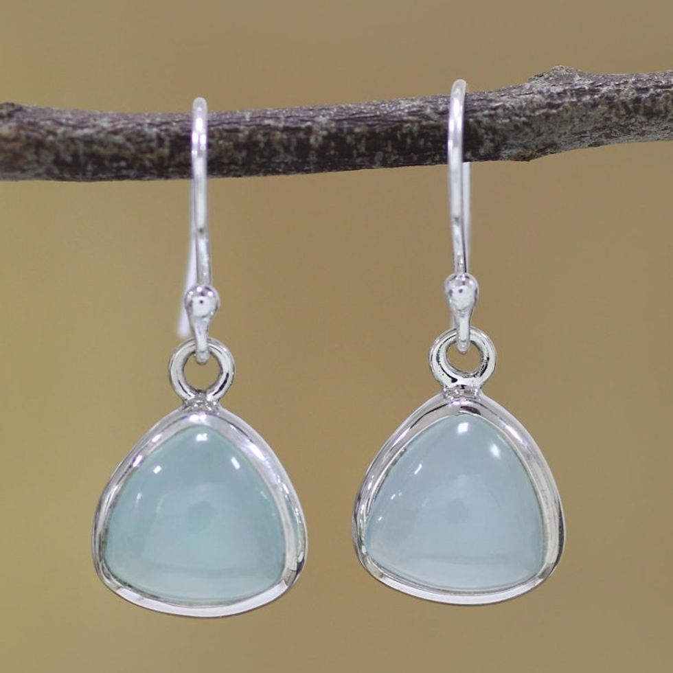 Sterling Silver and Aqua Chalcedony Dangle Earrings 'Gleaming Pyramids'