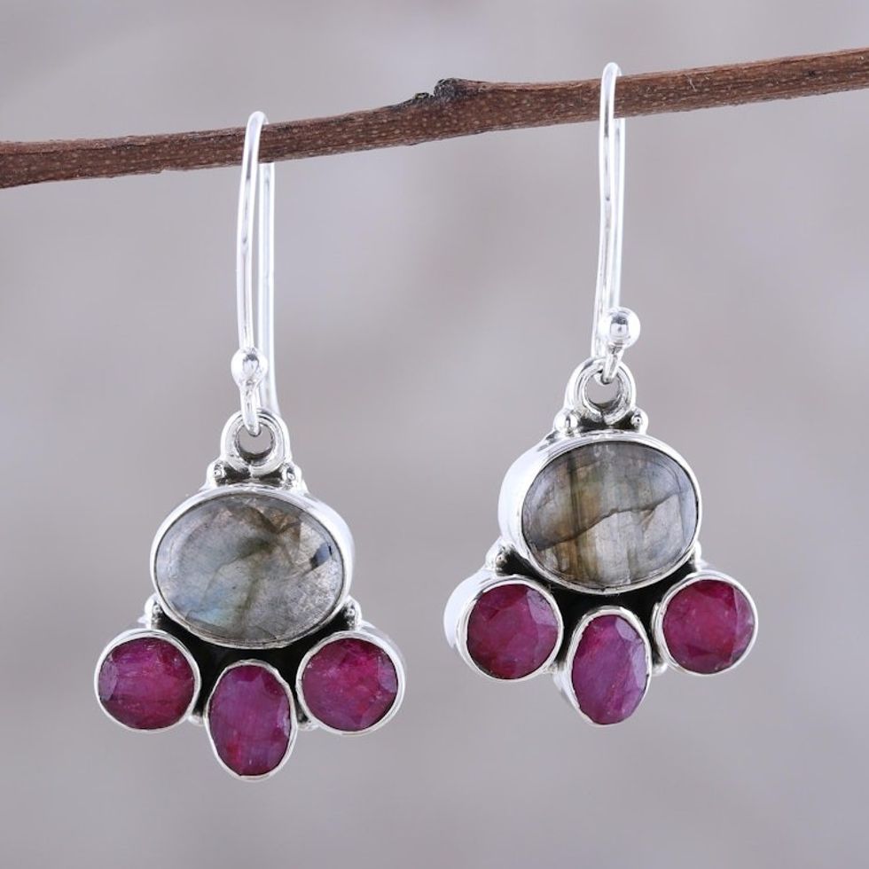 Labradorite and Pink Agate Sterling Silver Dangle Earrings 'Earth Aglow'