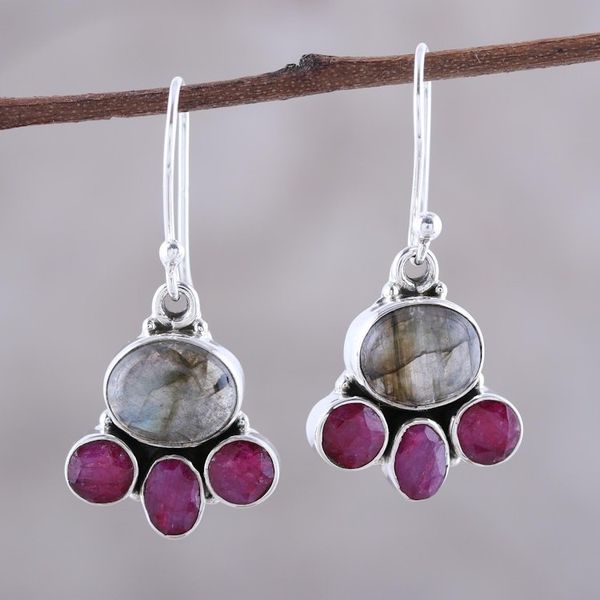 Alternate image for Labradorite and Pink Agate Sterling Silver Dangle Earrings Earth Aglow