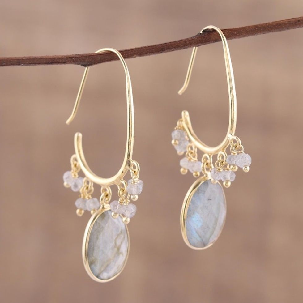 Gold Plated 13 Carat Labradorite Dangle Earrings 'Regal Beauty'