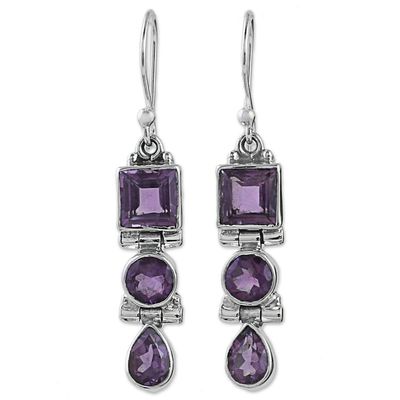 Alternate image for Three Stone Faceted Amethyst Sterling SIlver Dangle Earrings Lavender Glamour