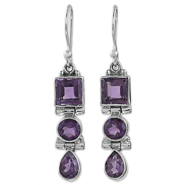 Alternate image for Three Stone Faceted Amethyst Sterling SIlver Dangle Earrings Lavender Glamour