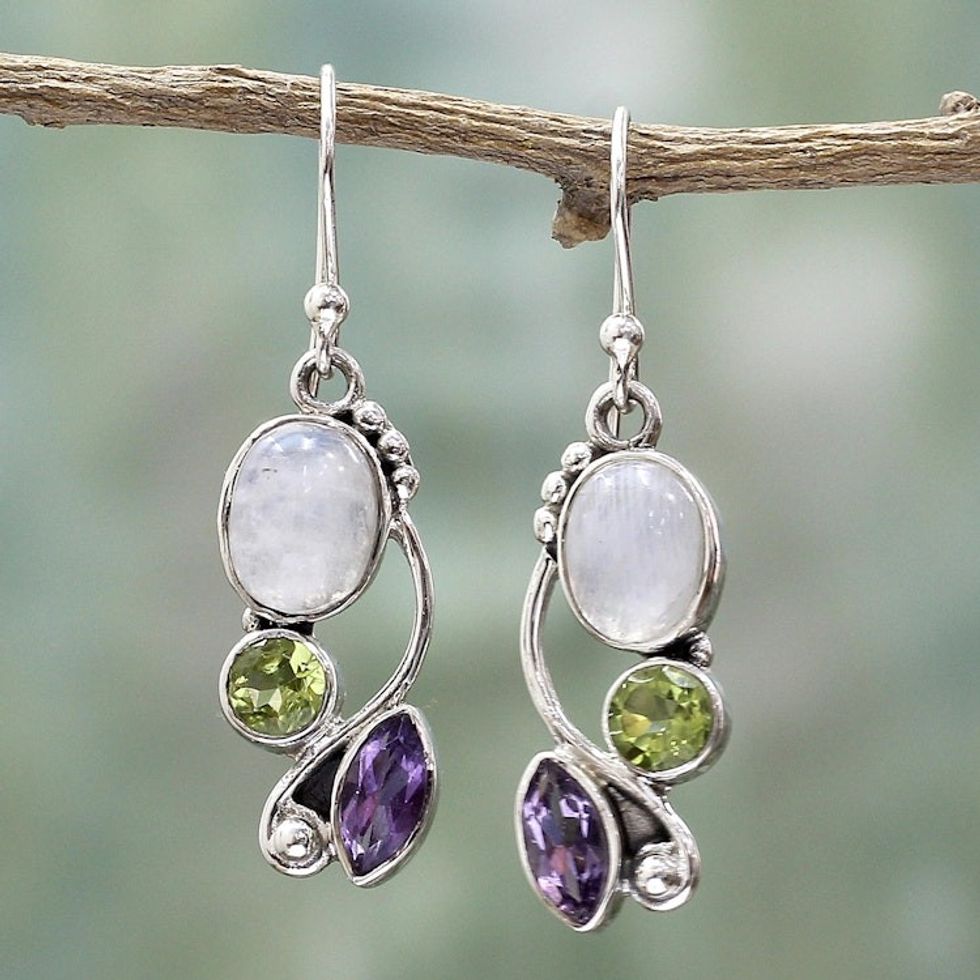 Multi-Gemstone Dangle Earrings Peridot Amethyst from India 'Natural Glamour'