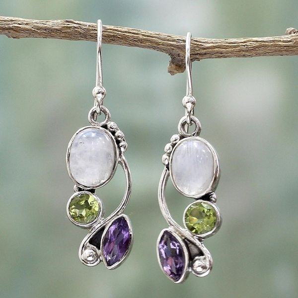 Alternate image for Multi-Gemstone Dangle Earrings Peridot Amethyst from India Natural Glamour