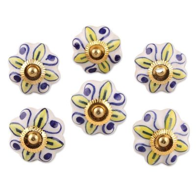 Alternate image for Ceramic Cabinet Knobs Floral Yellow White Set of 6 India Bright Sunshine