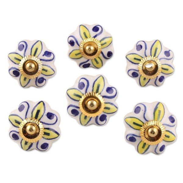 Alternate image for Ceramic Cabinet Knobs Floral Yellow White Set of 6 India Bright Sunshine