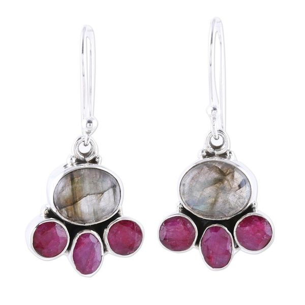 Alternate image for Labradorite and Pink Agate Sterling Silver Dangle Earrings Earth Aglow