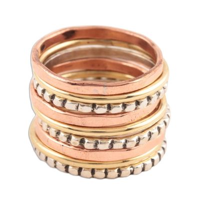 Alternate image for Sterling Silver Brass and Copper Stacking Rings Set of 9 Elegant Pattern