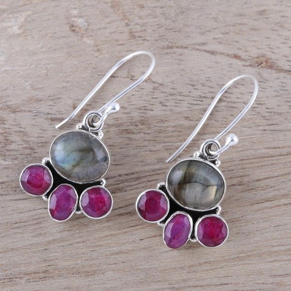 Alternate image for Labradorite and Pink Agate Sterling Silver Dangle Earrings Earth Aglow