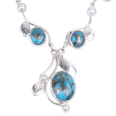 Alternate image for Composite Turquoise and Cultured Pearl Y Necklace Dew Blossom
