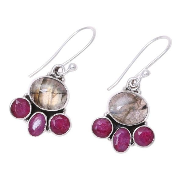 Alternate image for Labradorite and Pink Agate Sterling Silver Dangle Earrings Earth Aglow