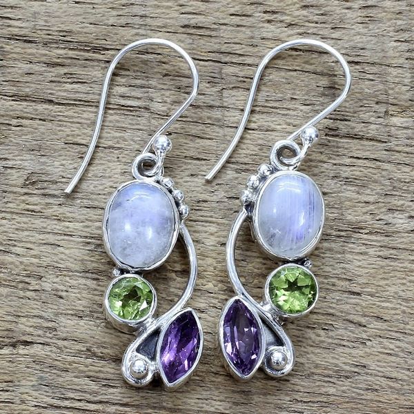 Alternate image for Multi-Gemstone Dangle Earrings Peridot Amethyst from India Natural Glamour