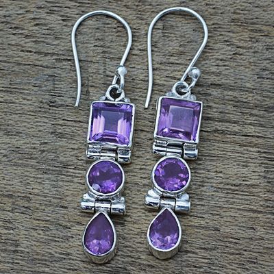 Alternate image for Three Stone Faceted Amethyst Sterling SIlver Dangle Earrings Lavender Glamour