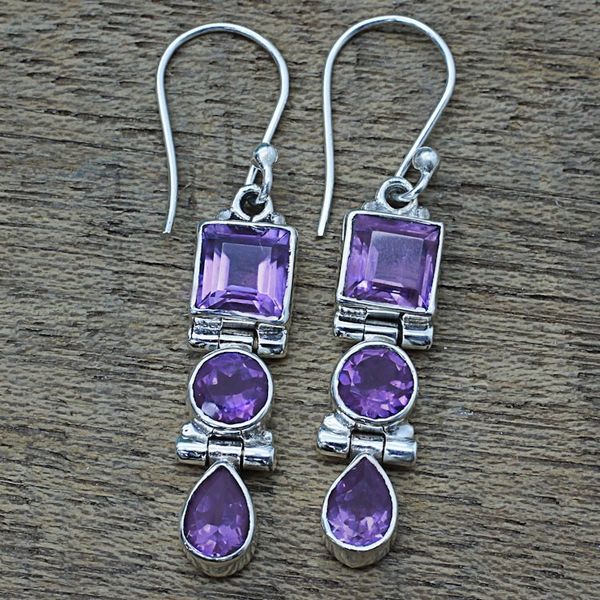 Alternate image for Three Stone Faceted Amethyst Sterling SIlver Dangle Earrings Lavender Glamour