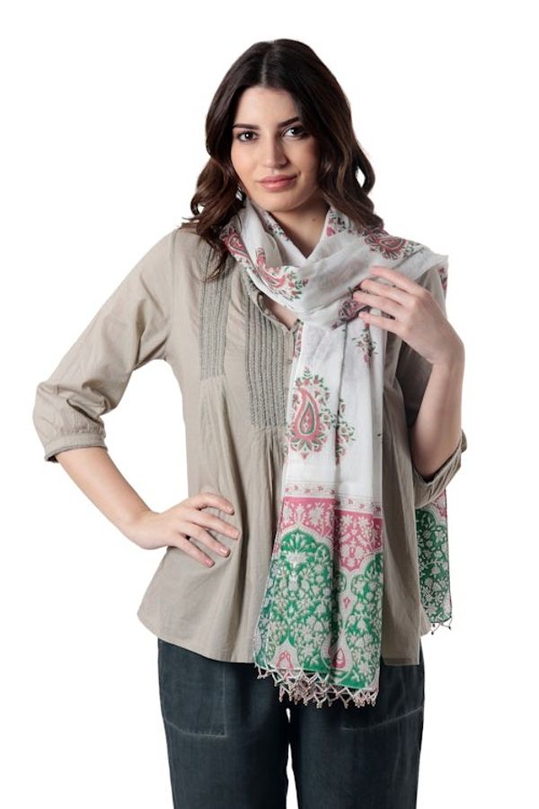 Alternate image for Block-Printed Paisley-Motif Cotton Shawl Contrasting Paisley