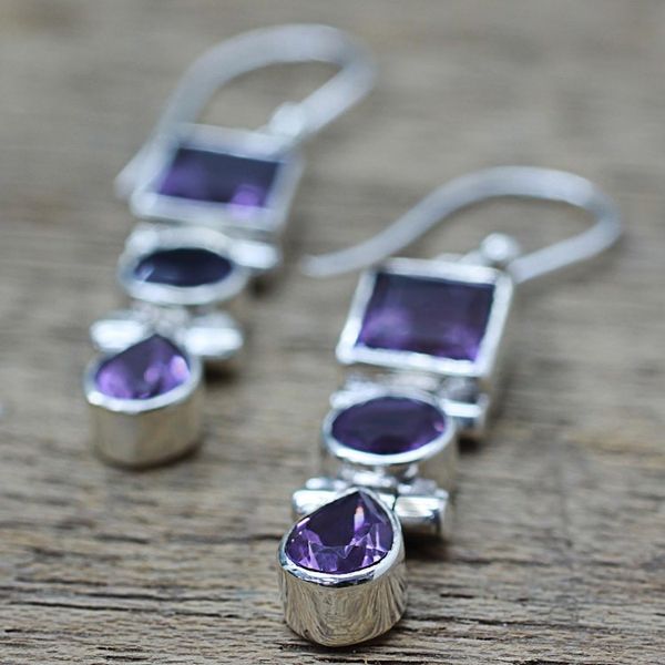 Alternate image for Three Stone Faceted Amethyst Sterling SIlver Dangle Earrings Lavender Glamour