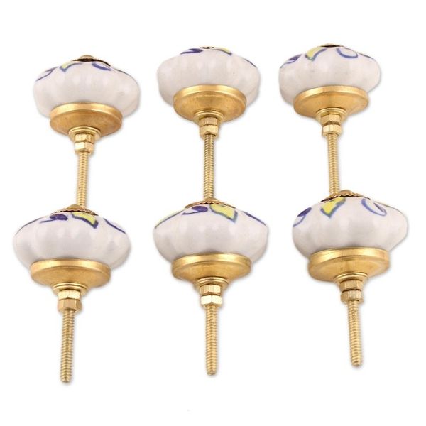 Alternate image for Ceramic Cabinet Knobs Floral Yellow White Set of 6 India Bright Sunshine