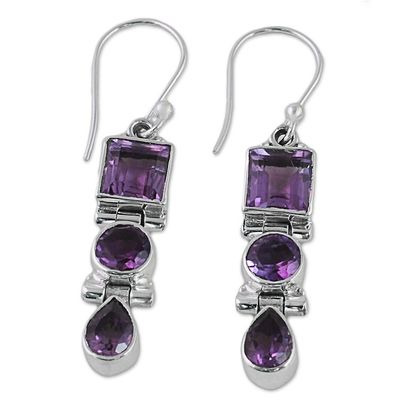 Alternate image for Three Stone Faceted Amethyst Sterling SIlver Dangle Earrings Lavender Glamour