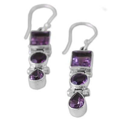 Alternate image for Three Stone Faceted Amethyst Sterling SIlver Dangle Earrings Lavender Glamour