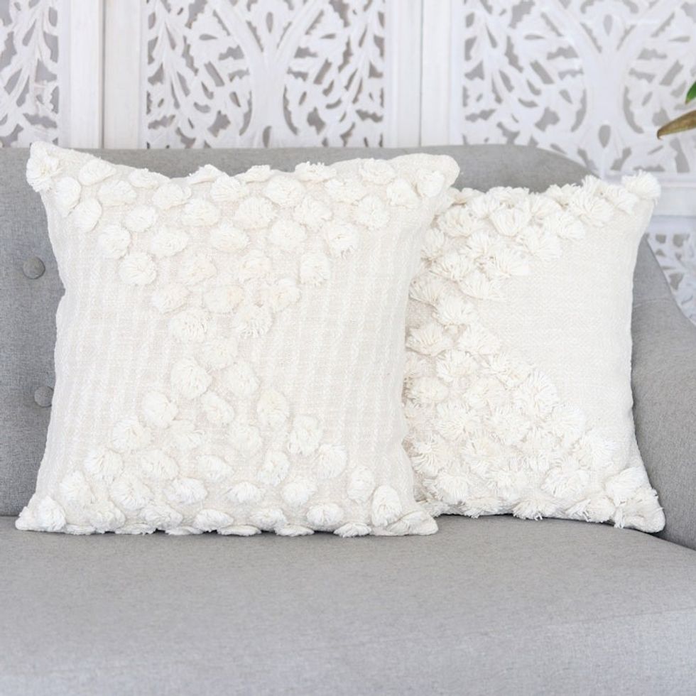 Pair of Cotton Cushion Covers with Ecru Embroidered Details 'Ecru Caresses'