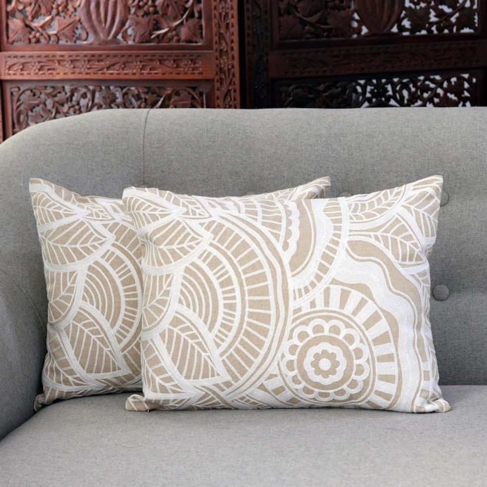 Mandala Pattern Embroidered Cotton Cushion Covers Pair 'Mandala Bliss'