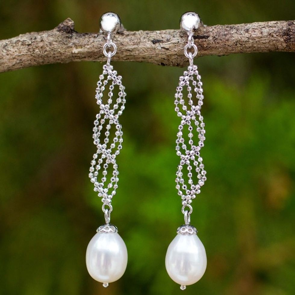 Artisan Designed Sterling Silver Dangle Earrings with Pearls 'Modern Macrame'