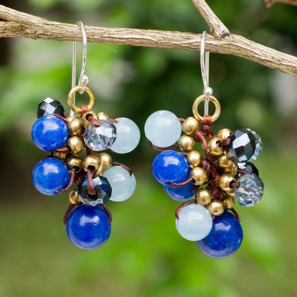 Blue Quartz and Brass Clusters on Hand Knotted Earrings 'Blue Cattlelaya'