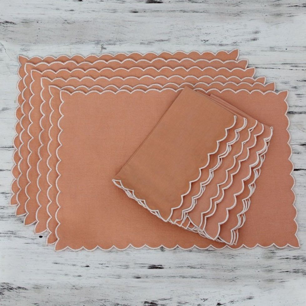 Peach Color 12-pc Cotton Placemat and Napkin Set for 6 'Peach Holiday'