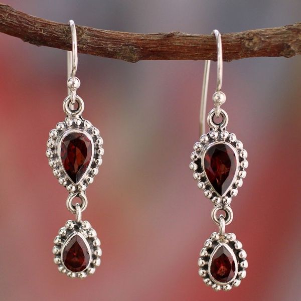 Alternate image for Garnet Earrings in Sterling Silver from India Jewelry Halo of Beauty