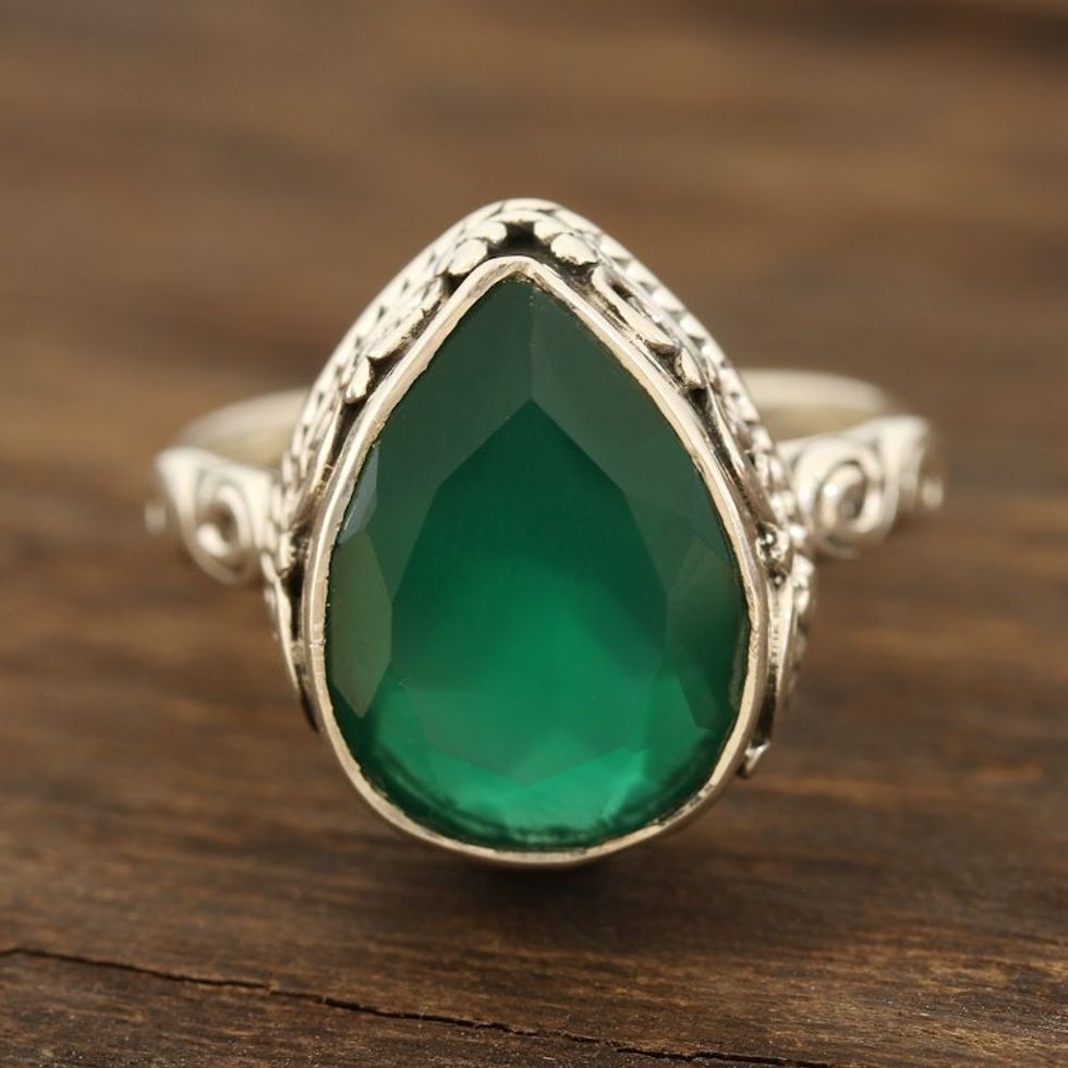 Glittering Green Onyx Cocktail Ring from India 'Glittering Verdant Drop'