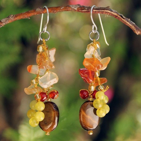 Alternate image for Hand Crafted Tigers Eye and Quartz Cluster Earrings Thai Autumn