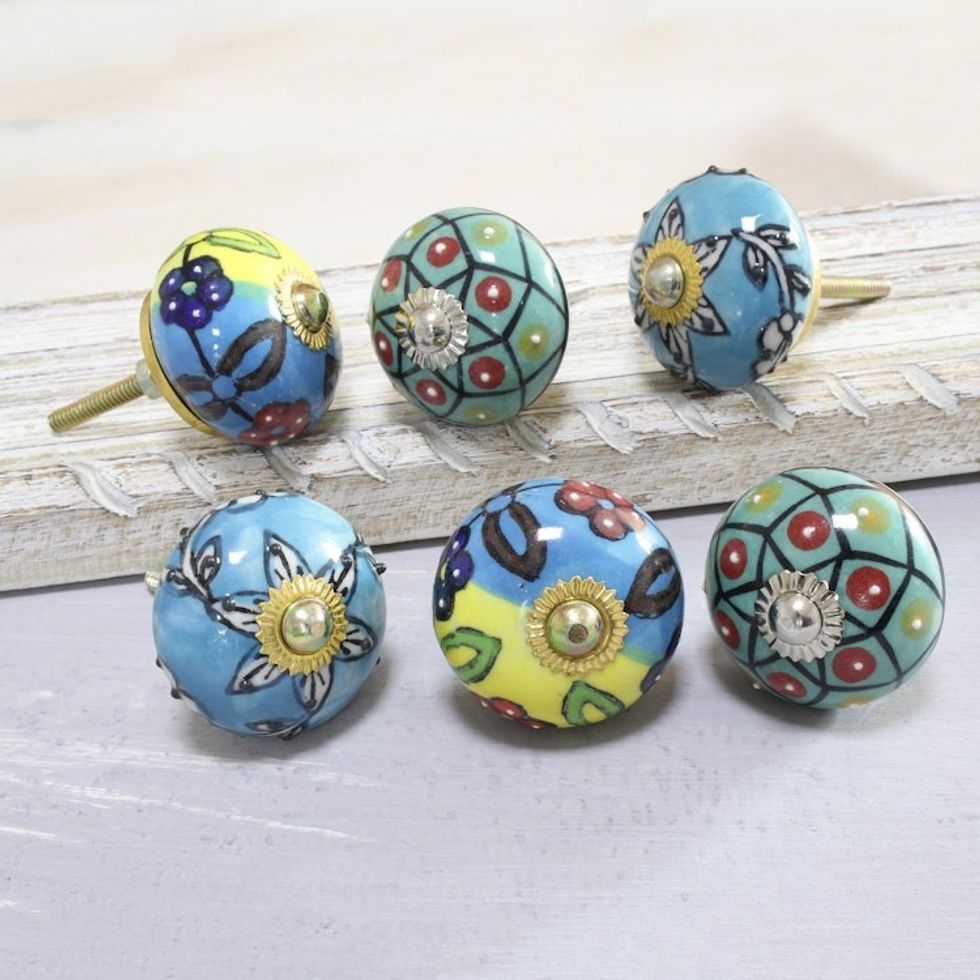 Vibrant Floral Ceramic Knobs from India Set of 6 'Charming Globes'