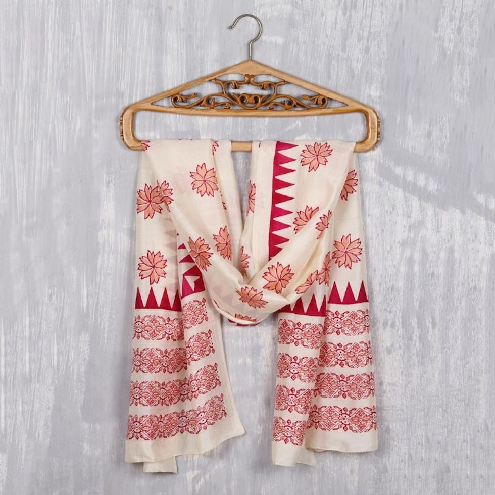 Fuchsia and Ivory Floral Silk Wrap Scarf from India 'Fuchsia Blossoms'