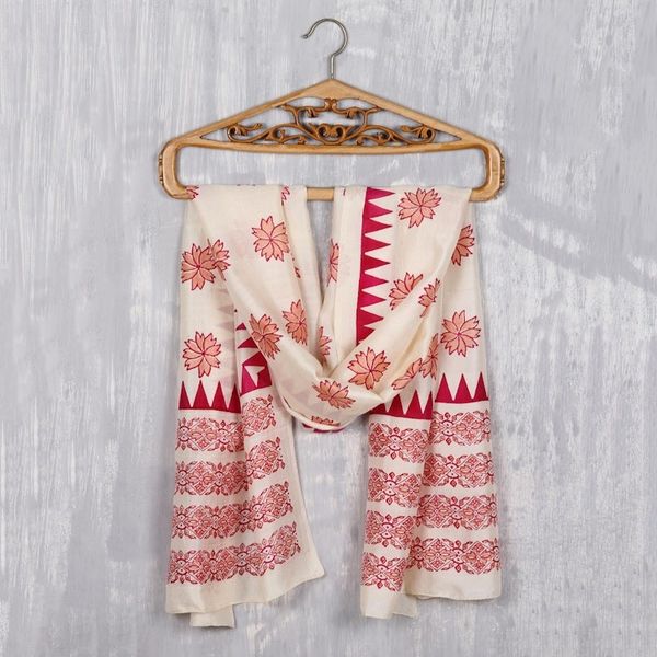 Alternate image for Fuchsia and Ivory Floral Silk Wrap Scarf from India Fuchsia Blossoms