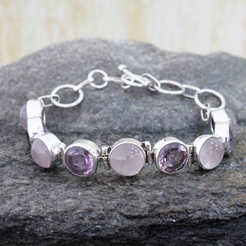 Sterling Silver Bracelet with Rose Quartz and Amethyst 'Spiritual Romance'