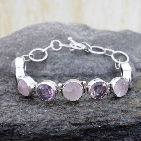 Alternate image for Sterling Silver Bracelet with Rose Quartz and Amethyst Spiritual Romance