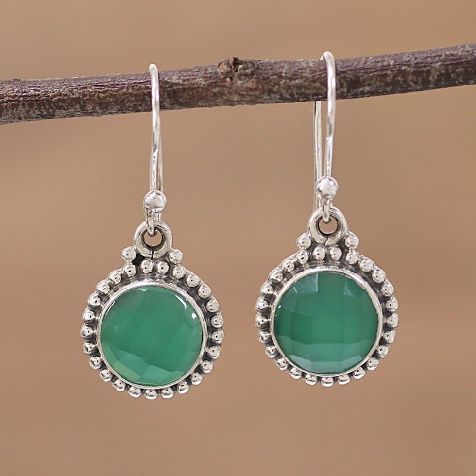 Green Onyx and Sterling Silver Dangle Earrings from India 'Green Passion'