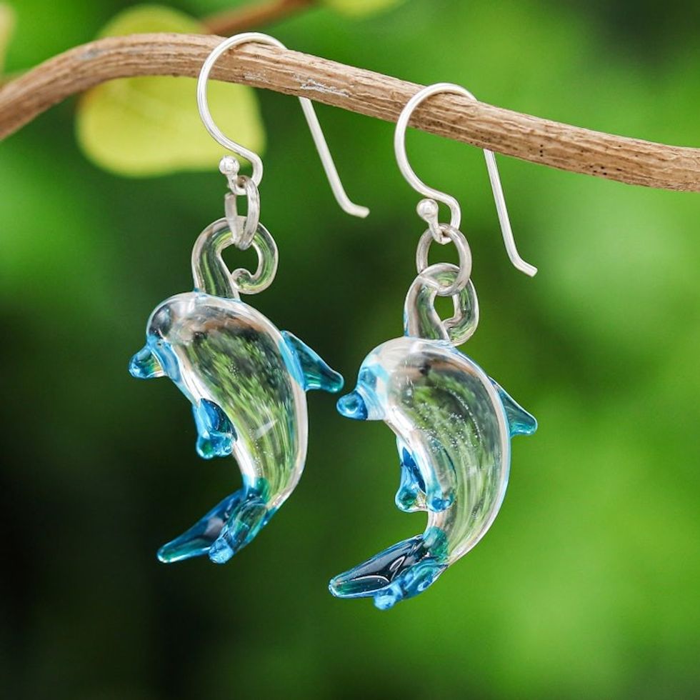 Handblown Glass Dolphin Dangle Earrings from Thailand 'Dolphin Glam'